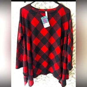 Plaid Crew Neck Sweater - Red and Black